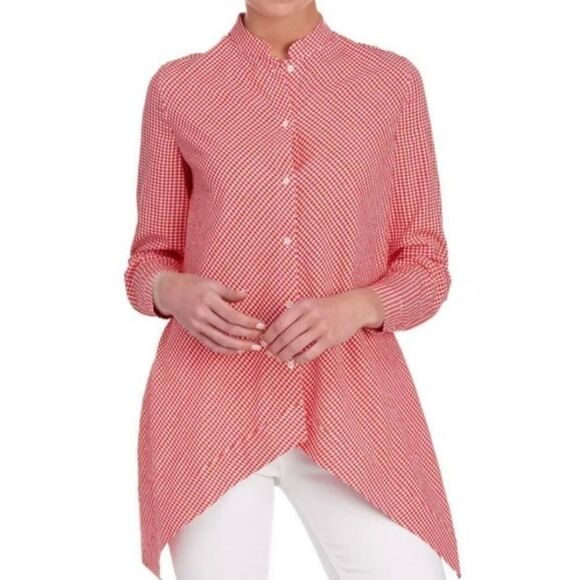 Anne Klein Red Gingham Plaid Asymmetrical Button Front Top Size 0X - Picture 1 of 14